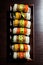 AI generated illustration of a plate of assorted sushi rolls on a wooden table