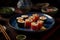 AI generated illustration of A plate of freshly prepared sushi with a blurry background