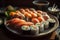 AI generated illustration of A plate of freshly prepared sushi with a blurry background