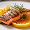 AI generated illustration of A plate of freshly roasted salmon garnished with lemon slices
