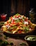 AI generated illustration of a plate of nachos topped with guacamole