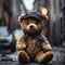 AI generated illustration of a plush teddy bear wearing a newsboy-style hat atop a paved road