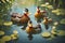 AI generated illustration of a pond with a flock of ducks swimming, surrounded by lush water lilies