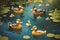 AI generated illustration of a pond with a flock of ducks swimming, surrounded by lush water lilies