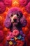 AI generated illustration of a Poodle dog sitting among a stunning array of vivid wildflowers