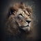 AI generated illustration of a portrait of a majestic lion against a plain dark backdrop