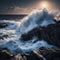 AI generated illustration of a powerful ocean wave crashing against the rocky shore on a cloudy sky