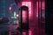 AI generated illustration of a public telephone illuminated by neon lights in a dimly lit space