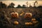 AI generated illustration of pumpkins with carved faces illuminated by the sunset