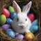 AI generated illustration of a rabbit nestled amidst vibrant eggs within a cozy, rustic nest