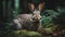 AI generated illustration of a rabbit perched in a lush forest environment, gazing intently