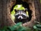 AI generated illustration of A raccoon peering out of an opening in a tall tree trunk