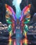 AI generated illustration of a rainbow-hued butterfly's vibrant reflection on a serene water surface