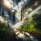 AI generated illustration of a rainbow over majestic waterfall amidst verdant mountains