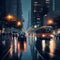 AI-generated illustration of a rainy night, driving cars, and a bus on the street, glowing lamps