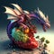 AI generated illustration of a red dragon standing on an unusual fruit