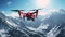 AI generated illustration of a red drone hovering above a majestic, snow-covered mountain range