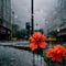 AI-generated illustration of red wildflowers growing on the streets during the rain