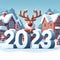 AI generated illustration of a reindeer in front of a quaint village and a 2023 sign