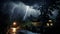 AI generated illustration of residential buildings illuminated by a striking lightning bolt