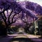 AI generated illustration of a residential street in an urban neighborhood, featuring purple trees