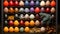 AI generated illustration of a retail display with an assortment of colorful eggs and dried nuts