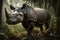 AI generated illustration of a rhinoceros stands in a forest, surrounded by towering trees.