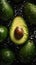 AI generated illustration of a ripe avocado adorned with droplets of water