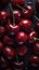 AI generated illustration of ripe cherries covered with waterdrops in a dark background - top view