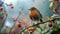 AI generated illustration of a robin perched on a branch of red berries