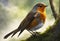 AI generated illustration of a robin perched on a moss-covered branch