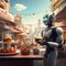 AI generated illustration of a robot holding a tray of freshly-baked pastries