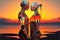 AI generated illustration of a robotic couple embracing near the sea during the sunset
