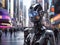 AI generated illustration of a robotic figure in a futuristic city street