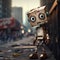 AI-generated illustration of A robotic figure with a metallic body stands in an alleyway