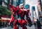 AI generated illustration of a robotic figure wearing a bright red metal armor plate