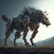 AI-generated illustration of a robotic wolf made from metal on the hills with a blurry background