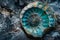 AI generated illustration of a rock formation with a turquoise ammonite
