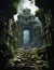 AI generated illustration of a rocky archway leading into a mysterious stone ruin inside a cave