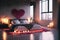 AI generated illustration of a romantic bedroom interior with candles and rose petals