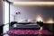 AI generated illustration of a romantic bedroom interior with candles and rose petals