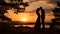 AI generated illustration of A romantic couple silhouetted against a stunning pink sky at sunset