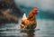 AI generated illustration of a rooster strutting in a shallow pool of cool refreshing water