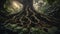 AI-generated illustration of the roots of a massive tree spreading in a lush forest