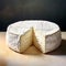AI generated illustration of A round wheel of creamy Brie cheese on a wooden surface