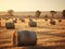 AI generated illustration of a rural landscape with sunset illuminating a field of hay bales