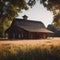 AI-generated illustration of A rustic, wooden barn stands in a vast, open field