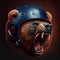 AI-generated illustration of a scary roaring grizzly bear wearing a hat