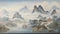 AI generated illustration of a scenic Asian landscape painting with hills and traditional buildings