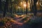 AI generated illustration of a scenic forest path surrounded by lush vegetation at twilight